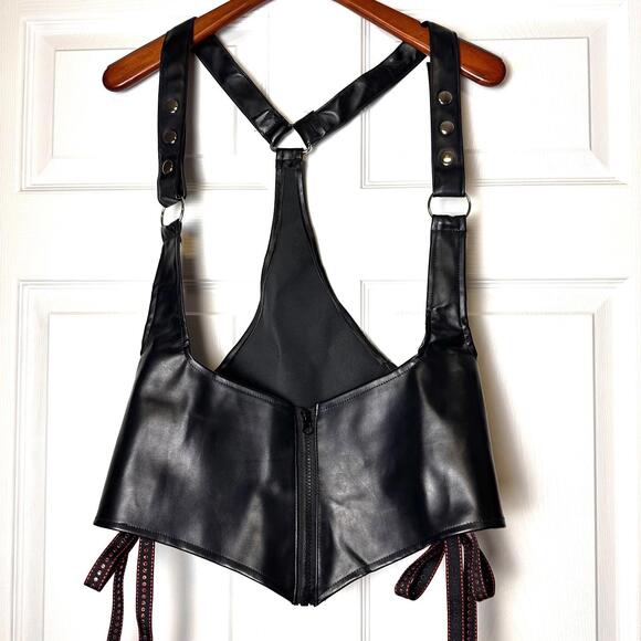 Women's Black Faux Leather Dark Gothic Witchy Halter Halter Bustier Corset XL - Picture 1 of 9